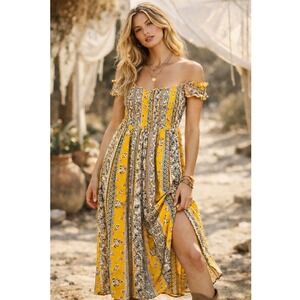 J For Justify Floral Paisley Smocked Off Shoulder Maxi Dress XL Boho Cottagecore